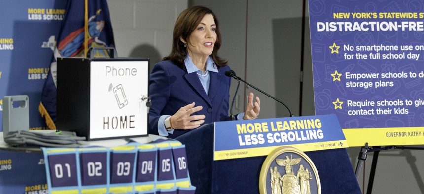Gov. Kathy Hochul unveils her plan to ban phone use in schools on Jan. 22, 2025.