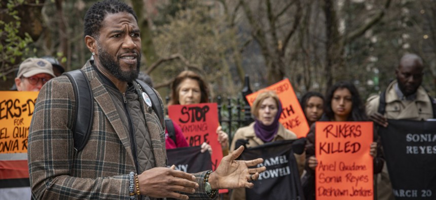 New York City Public Advocate Jumaane Williams attends a rally in opposition to Gov. Kathy Hochul’s proposed changes to the discovery law on April 3, 2025.