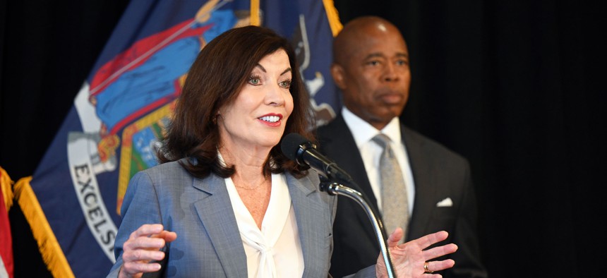 Gov. Kathy Hochul pictured with Mayor Eric Adams at a public safety announcement.