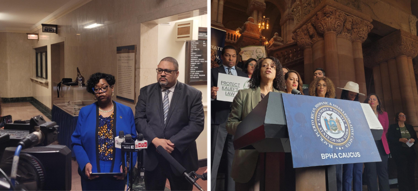 Left: Bronx District Attorney Darcel Clark and Manhattan District Attorney Alvin Bragg speak to reporters in support of Gov. Kathy Hochul’s proposed changes to the discovery law. Right: Assembly Member Michaelle Solages speaks at a rally opposing the governor’s proposed changes to the law.