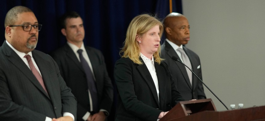 From left, Manhattan DA Alvin Bragg, NYPD Commissioner Jessica Tisch and New York City Mayor Eric Adams