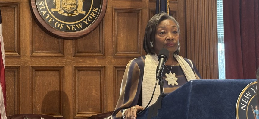 State Senate Majority Leader Andrea Stewart-Cousins speaks to reporters about the state of the budget on April 8, 2025.
