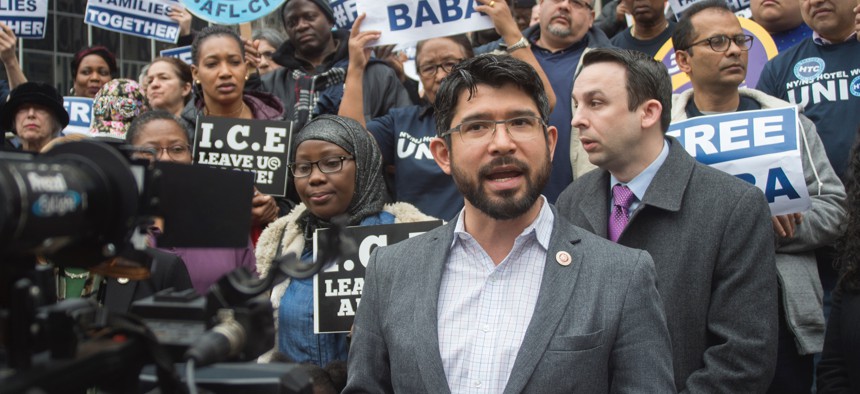 Former New York City Council Member Carlos Menchaca attends a rally against U.S. Immigration and Customs Enforcement.