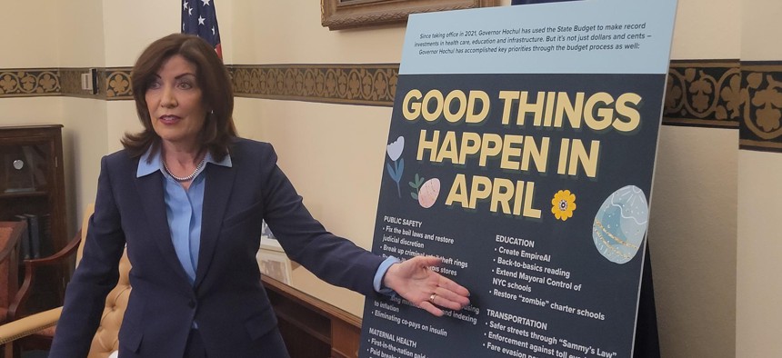 Gov. Kathy Hochul speaks to reporters in her office about budget negotiations on April 10, 2025.