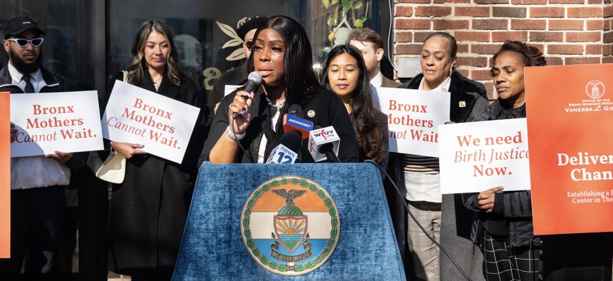 Bronx Borough President Vanessa Gibson speaks outside the Maryam reproductive health clinic on March 10, 2025.