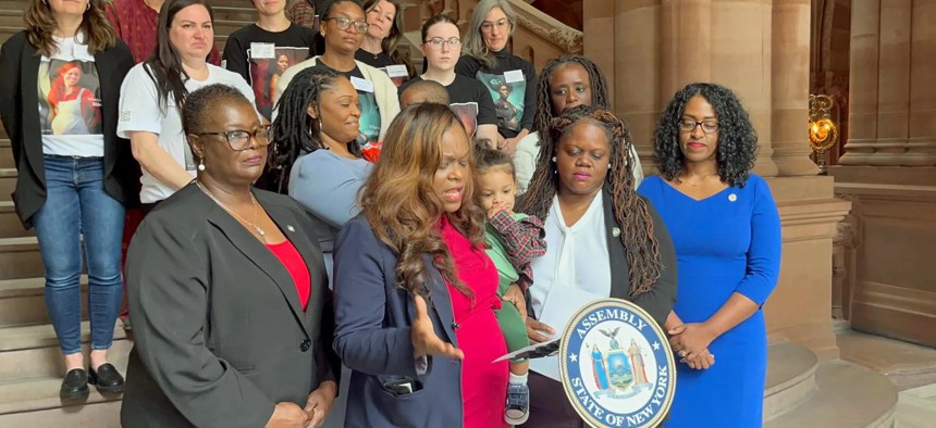 Assembly Member Rodneyse Bichotte Hermelyn, state Sen. Lea Webb and maternal health advocates hold a press conference in Albany during Black Maternal Health Week in 2024.
