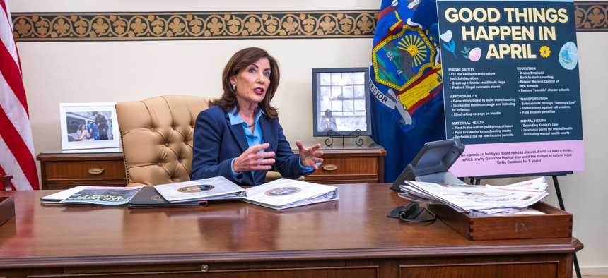 Gov. Kathy Hochul speaks to reporters about proposed changes to the discovery law on April 10, 2025.