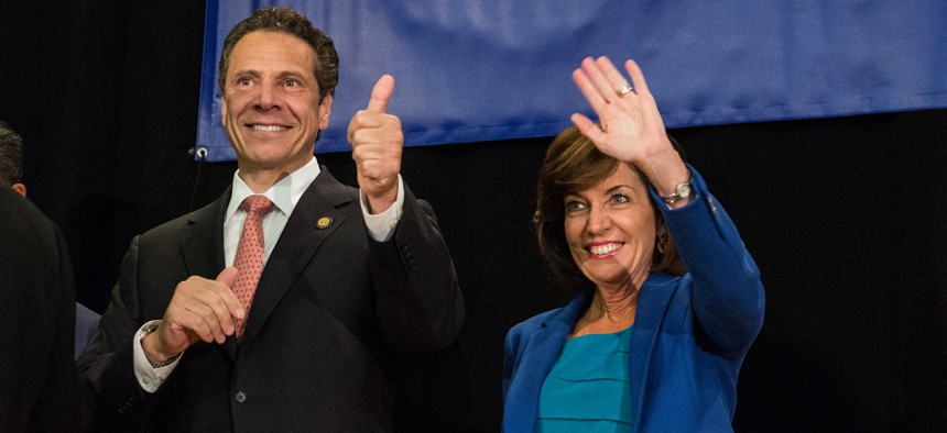 Then-Gov. Andrew Cuomo and then-Lt. Gov. Kathy Hochul campaign together in 2014
