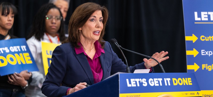 Gov. Kathy Hochul rallies for a budget deal in Rochester on April 21, 2025.