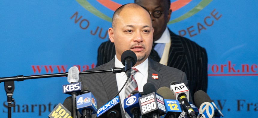 Wayne Ho, president of the Chinese-American Planning Council, speaks about anti-Asian hate crimes on March 18, 2021.