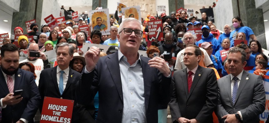State Sen. Brian Kavanagh speaks at a rally in support of the Housing Access Voucher Program in Albany on March 18, 2025.