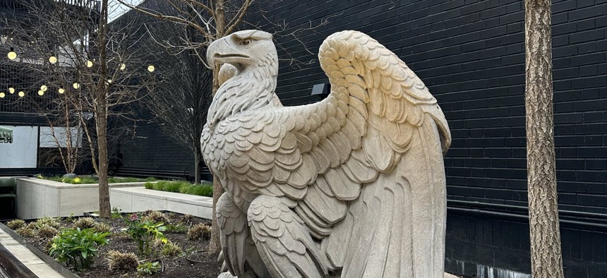 One of the original Penn Station eagles has been installed on an open air plaza between 33rd and 34th Streets, within developer Vornado’s Penn District.