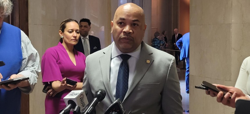 Assembly Speaker Carl Heastie speaks to reporters about the state budget.