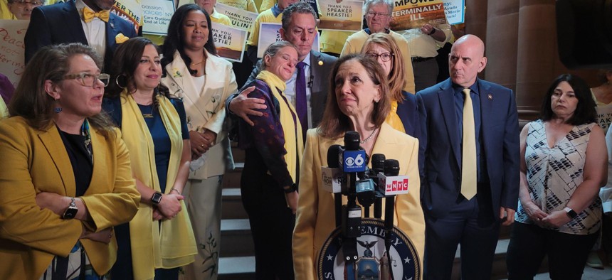 Assembly Member Amy Paulin speaks at a rally in support of the Medical Aid in Dying Act on April 29, 2025.