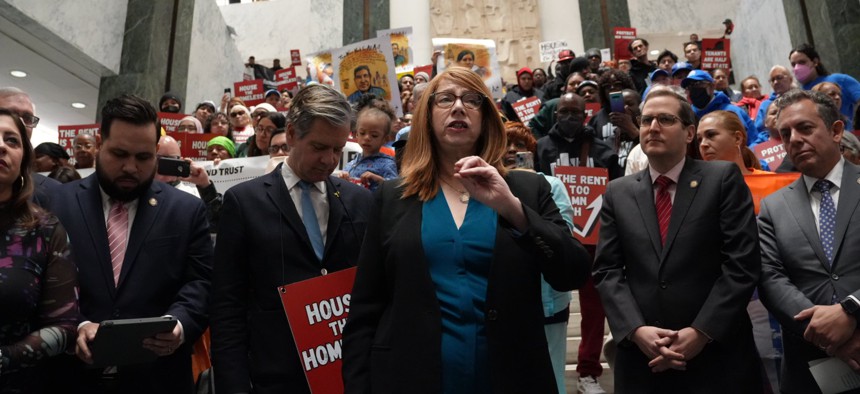 Assembly Member Linda Rosenthal, chair of the Assembly Housing Committee, attends a rally in support of the Housing Access Voucher Program.