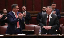Republican state Sen. Steven Rhoads, center, sponsored a bill that would allow schools to ban trans girls from playing on women’s sports teams.