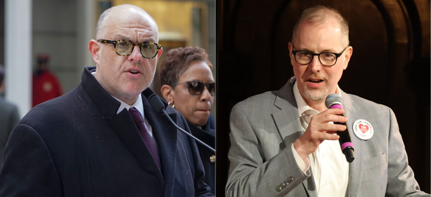 City Council Finance Chair Justin Brannan, left, and Manhattan Borough President Mark Levine, right