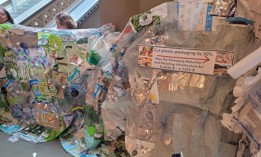 Environmental advocates display discarded plastic packaging outside the Assembly chamber on June 3, 2024.