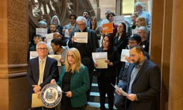 State Sen. Brian Kavanagh and Assembly Member Linda Rosenthal rally for the Housing Access Voucher Program in Albany.