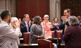 State Senate Majority Leader Andrea Stewart-Cousins announces that the state budget has passed on May 8, 2025. 