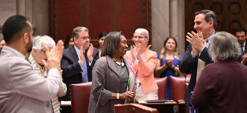 State Senate Majority Leader Andrea Stewart-Cousins announces that the state budget has passed on May 8, 2025. 