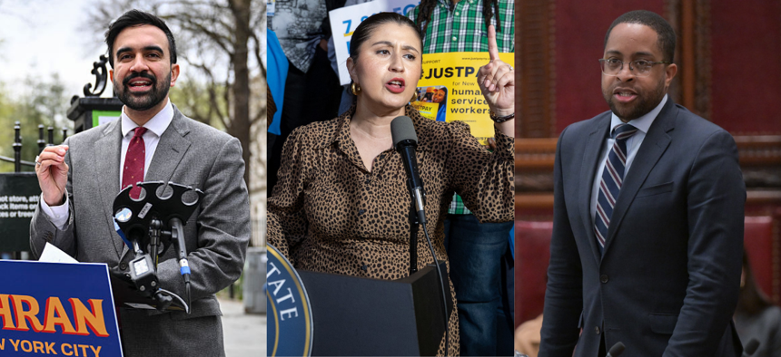 From left, Assembly Member Zohran Mamdani and state Sens. Jessica Ramos and Zellnor Myrie