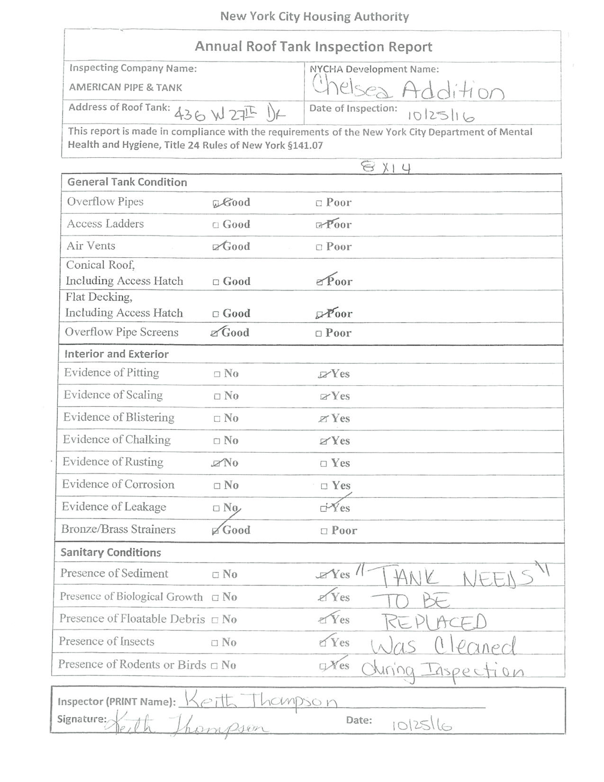 New York City Water tank inspectors’ notes New York City Water tank inspectors’ notes detail two consecutive years of contamination in a drinking water tank supplying an elderly-only NYCHA building in Manhattan’s Chelsea neighborhood.