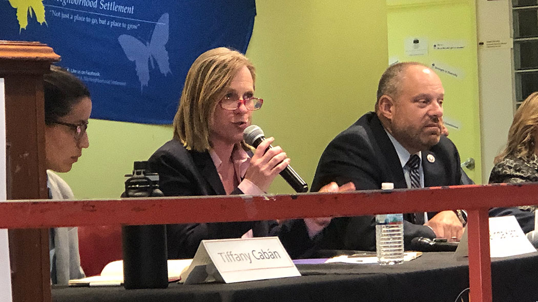Katz debating her fellow Queens DA candidates. Katz debating her fellow Queens DA candidates.