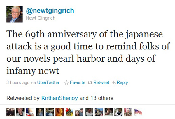 Newt Gingrich pearl harbor tweet