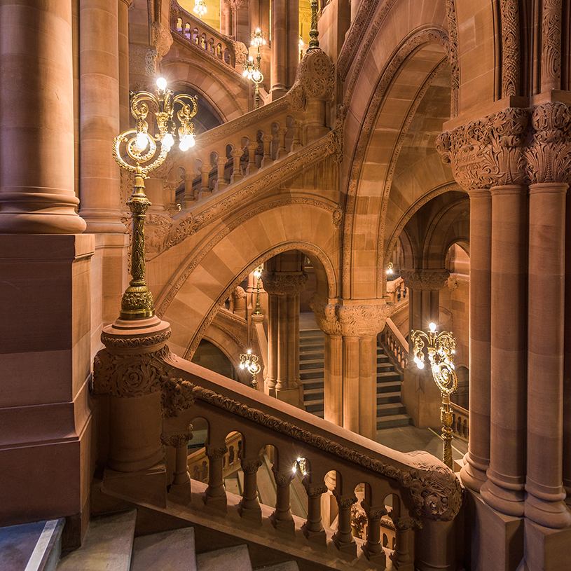 The Great Western Staircase of the New York State Capitol Building.