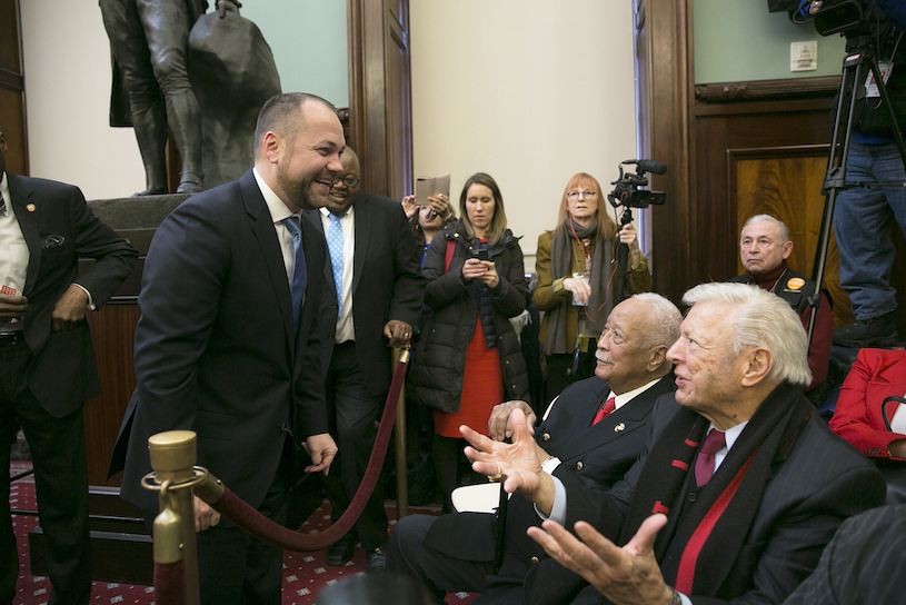 Corey Johnson with David Dinkins and Peter Vallone Sr.