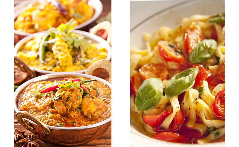 Indian and Italian food dishes