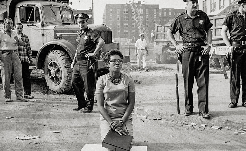 African-American woman in 1963 at the construction site of Brooklyn’s Downstate Medical Center.
