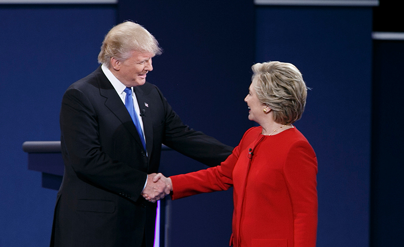 Donald Trump and Hillary Clinton on stage at Hofstra Debate