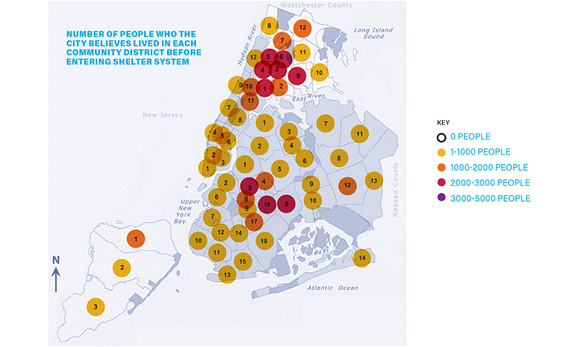 Number of people who the city believes lived in each community district before entering shelter system