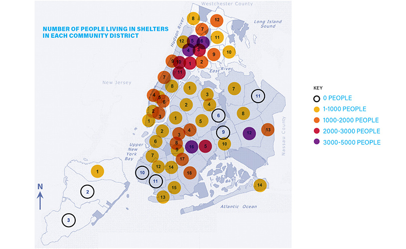 Number of people living in shelters in each community district